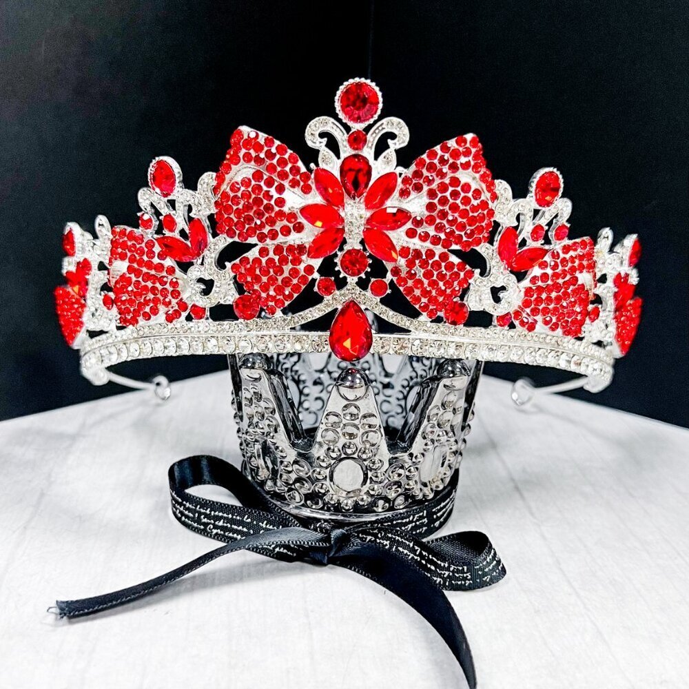 Vintage silver Crown, Red bow tiara, Classic wedding Crown, Crystal Crown Tiara